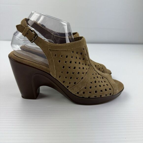 Aerosoles Women’s 8.5 Brown Suede Peep Toe Slingback Heels Cutout Sandals - Picture 5 of 12